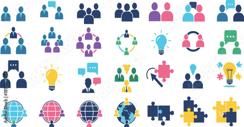 People and Team Collaboration Icon Set Showing Community Communication, Global Networking, Problem Solving, Innovation, and Business Connection Concepts