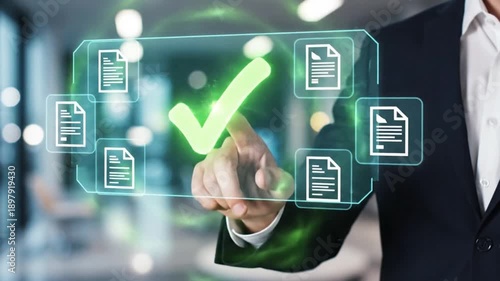 Businessman hand touches glowing digital interface approving documents on futuristic screen with checkmark and swirling green energy motion effect