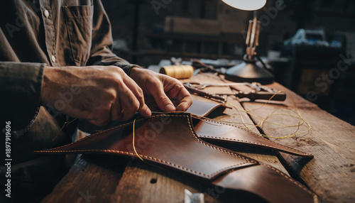 Skilled artisan meticulously hand-stitching premium leather goods on a rustic workbench, showcasing traditional craftsmanship