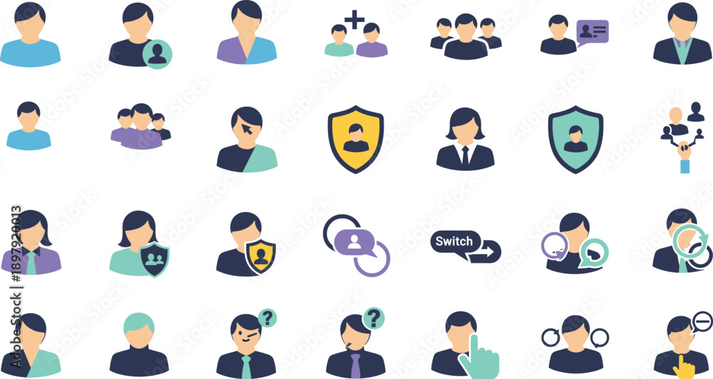 Fototapeta premium User Profile and Account Management Icon Set Featuring People Avatars, Security, Privacy, Access Control, Team Roles, and Digital Identity Concepts