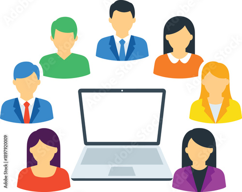 Online Team Meeting and Remote Collaboration Illustration Showing Diverse People Around Laptop for Virtual Communication, Business Conference, and Digital Workspace Concepts