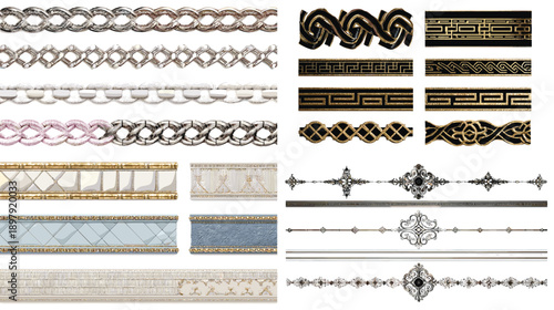 Decorative chain borders and ornamental patterns in gold black and neutral tones. Luxury design elements perfect for branding invitations packaging and classic graphic layouts.