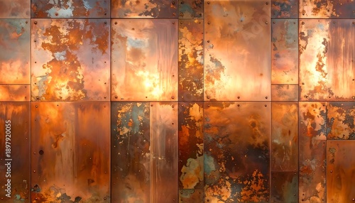Textured Rusted Copper Panels with Warm Orange and Brown Tones.