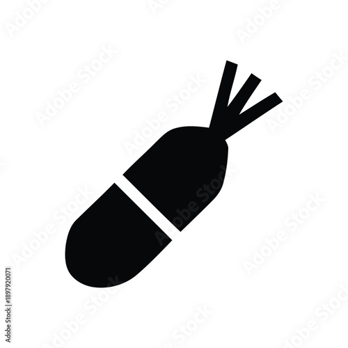 A stylized black and white illustration of a bomb with a fuse and ribbon ties