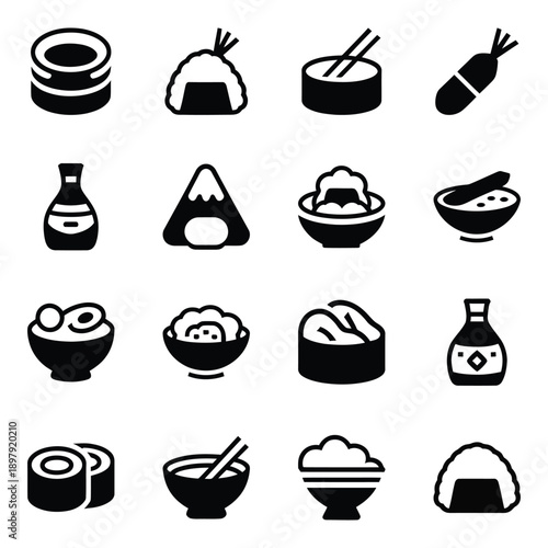 Traditional japanese dishes and food items illustrated in simple icons
