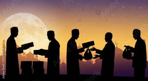 Silhouette of five people standing in a line exchanging goods at sunset with a full moon