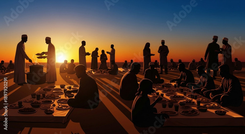 People break their fast during ramadan at sunset with food on tables outdoors