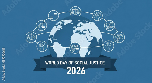 World day of social justice 2026 global awareness illustration with earth map and icons