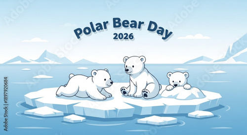 Three polar bear cubs on melting ice floe with snow mountains polar bear day 2026