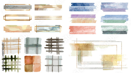 Watercolor abstract frames textures and brush elements in soft pastel colors. Artistic design set ideal for modern branding invitations posters and creative graphic backgrounds.