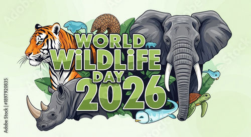 World wildlife day 2026 illustration with elephant tiger rhino and frog in green background