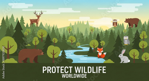 Wildlife conservation scene with animals in forest landscape protect wildlife worldwide concept