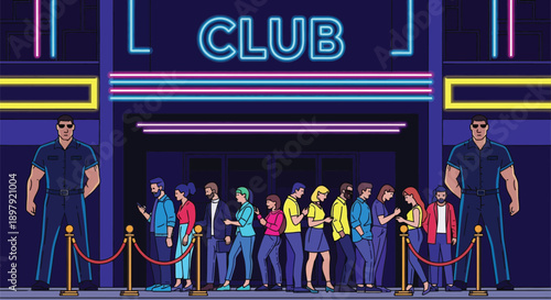 Large bouncers stand guard outside a neon lit nightclub entrance where a diverse crowd waits patiently in a velvet rope queue