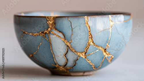 Kintsugi pottery restoration, showcasing resilience and embracing imperfections. The repaired cracks glow with gold
