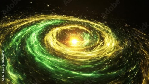 Mesmerizing cosmic vortex of glowing green and yellow particles swirling around bright central star, dynamic abstract space nebula motion footage