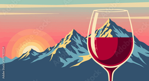 Elegant red wine glass set against glowing snowy mountain peaks at sunset in soft vintage style for resort and travel promotions	