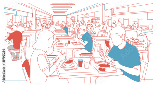 Crowded cafeteria scene illustrating diverse people eating lunch together at tables during a busy midday break
