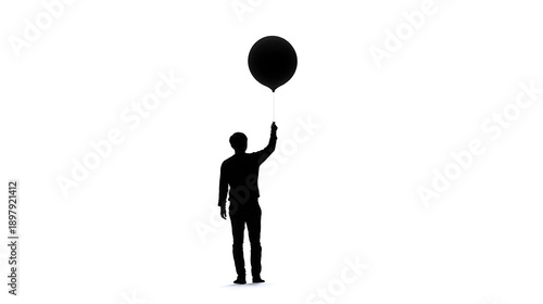 Silhouette with Black Balloon: A stark silhouette of a figure holding aloft a black balloon against a minimal backdrop, evoking a sense of aspiration and escape.