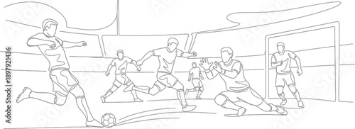 Dynamic one line drawing capturing the intense moment of a soccer player striking the ball toward the goal while the goalkeeper dives to make a crucial save