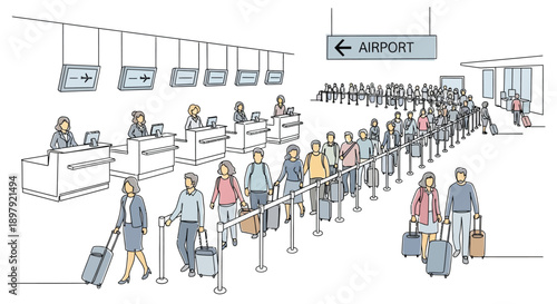Travelers with rolling luggage patiently waiting in a long queue at the airport check-in counter for their departure