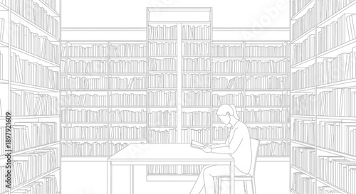 Line art illustration depicting a young woman quietly sitting at a large table reading an open book surrounded by towering shelves filled with countless volumes of literature