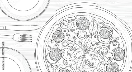 Coloring page illustration showcasing a delicious fully loaded supreme pizza with fresh basil leaves and set for dining with utensils