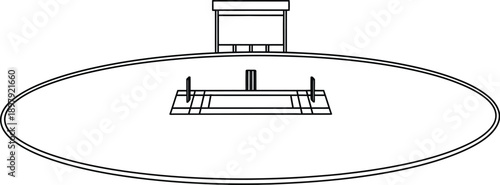 Simple outline view of a cricket stadium showing the oval playing field the central pitch and spectator stand element overhead