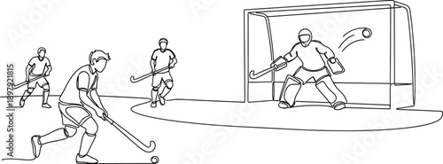 Continuous line drawing illustrates an intense field hockey match action scene with a player shooting toward the goal defended by a determined goalie