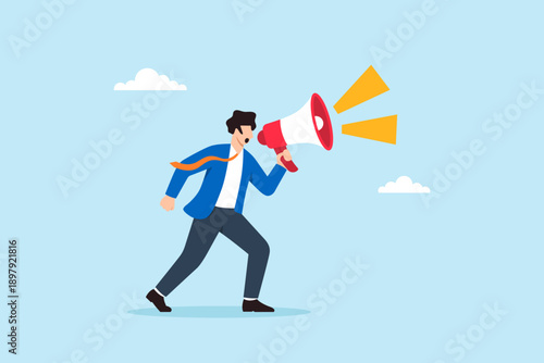 Flat illustration of businessman shouting through megaphone symbolizing announcement public communication leadership voice promotion marketing message and call to action