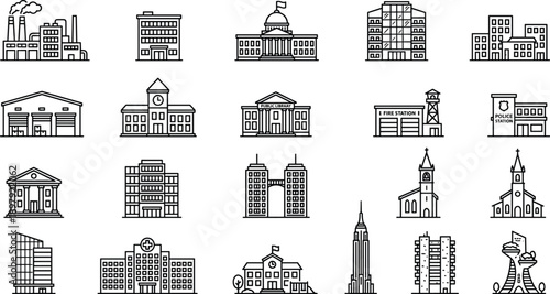 City building line icons set, architecture landmarks, urban construction outline vector collection