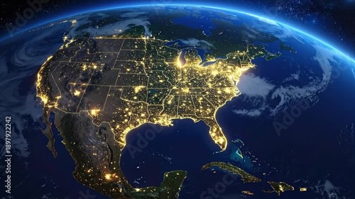 Detailed view of the United States from space at night, showing city lights.