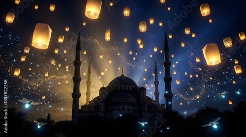 Magical Mosque Night Scene with Flying Lanterns - AI Generated