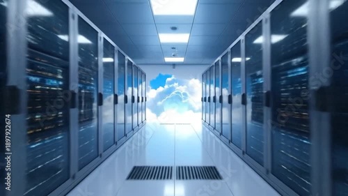 Server room with rows of racks and cloud comg concept, data center.