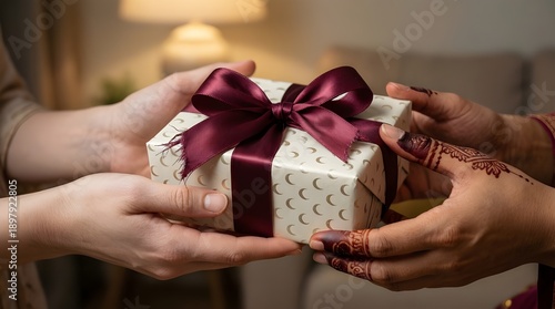 Hands Exchanging Eid Gift Box with Moon Pattern - AI Generated