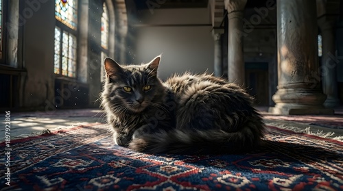 Cute fluffy cat sitting on prayer rug in mosque - AI Generated