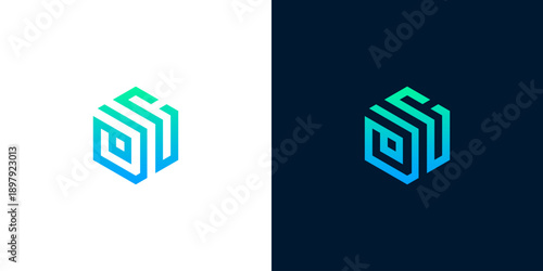 Abstract Geometric Cube Logo Design with Blue and Green Gradient on White and Dark Blue Backgrounds