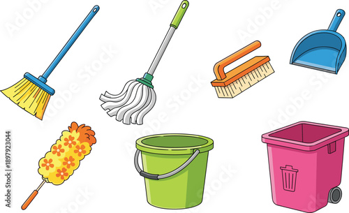 Cartoon cleaning tools set illustration, broom mop bucket brush dustpan supplies, household cleaning equipment icons, flat design, white background