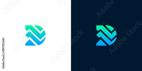 Modern gradient letter D logo with upward and downward arrows, symbolizing progress, data flow, and strategic direction. Ideal for digital, tech, and finance brands