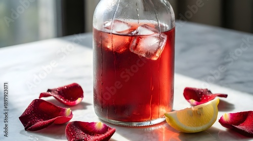 Red refreshing cold drink in glass jar with ice - AI Generated
