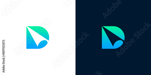 Modern digital letter D logo design with arrow icon, abstract gradient and navigation symbol