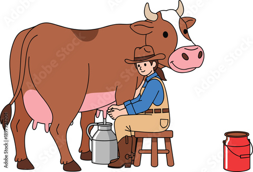 Cartoon farmer milking cow illustration, traditional dairy farming scene with milk can, rural agriculture vector isolated white background