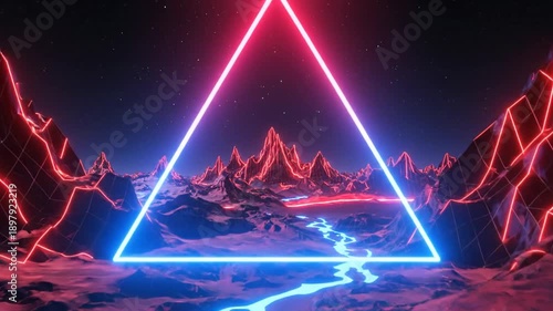 Abstract landscape with glowing neon lines and starry sky, creating a futuristic atmosphere.