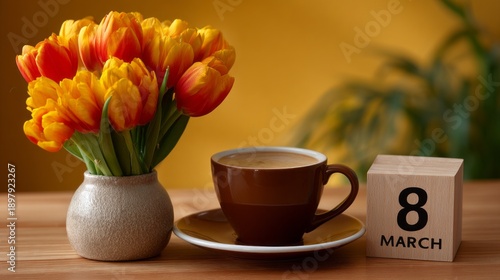 Wallpaper Mural A gentle morning scene features a cup of coffee beside a vase overflowing with vibrant tulips. The date, March 8, suggests a celebration of spring and joy Torontodigital.ca