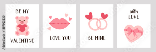 Cute valentines day greeting card set with teddy bear, lips, rings and heart gift box. Romantic hand drawn posters with lettering on white background