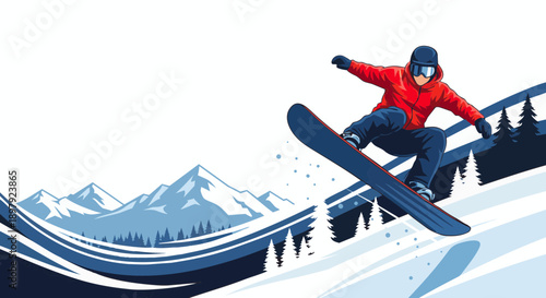 Dynamic vector illustration of a snowboarder performing a high jump in mid air