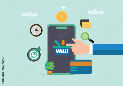 Digital Illustration of Online Shopping, Mobile E-Commerce, Digital Transaction, Customer Interaction
