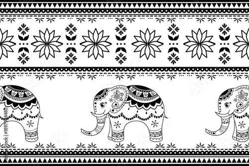 A black-and-white graphic pattern in an Indian/bohemian style, featuring elephants decorated with floral and geometric motifs in a repeating design