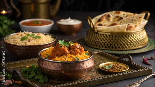 Luxury Indian Feast with Biryani, Curry, and Naan