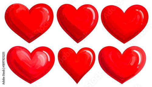 Six Red Hearts Collection Isolated on White Background.