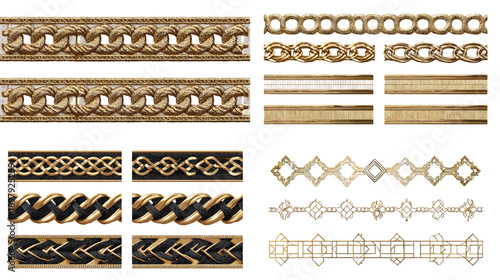 Decorative ornamental borders and chain patterns in gold and brown tones. Luxury design elements ideal for branding invitations typography packaging and refined graphic layouts.